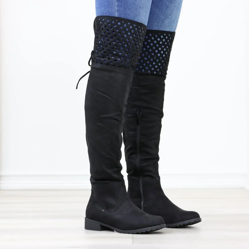Black Over-the-Knee Boots Faux Suede Lace-Up Back Perforated Detail Flat Heel